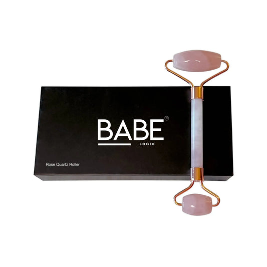 Rose quartz roller for skincare, reduces puffiness, improves circulation.