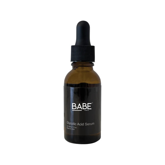 Glycolic Acid Serum bottle with dropper, fast-acting exfoliant for skin texture, hyperpigmentation, and hydration.