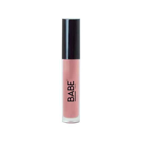 Liquid lip gloss in pink shade with black cap, offers high-impact shine and sheer tint, 5 mL.