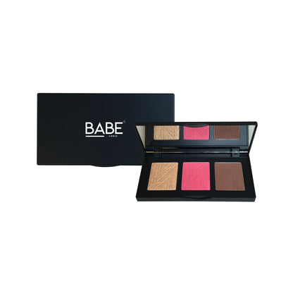 Pro Cheek Palette with three shades for contouring, blushing, and highlighting in recyclable packaging.
