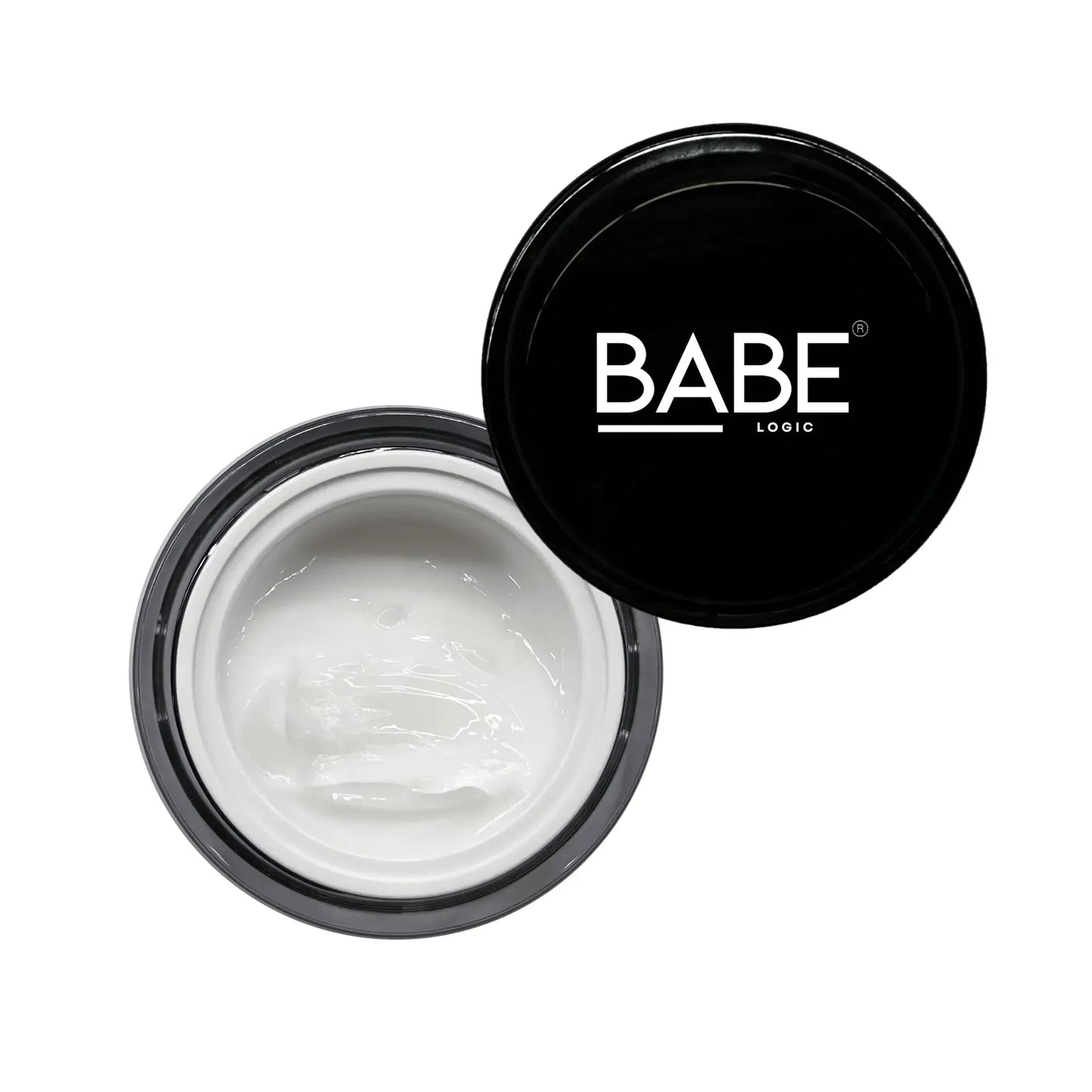 Open jar of Active Eye Cream with a black lid displaying brand logo.