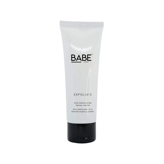 Mint Exfoliating Facial Polish tube with hydrating and nourishing ingredients like mint, lemon, apple, and apricot oil in recyclable packaging.