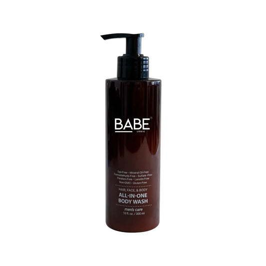 All-in-one body wash bottle with pump, 10 fl. oz., sulfate and paraben-free.