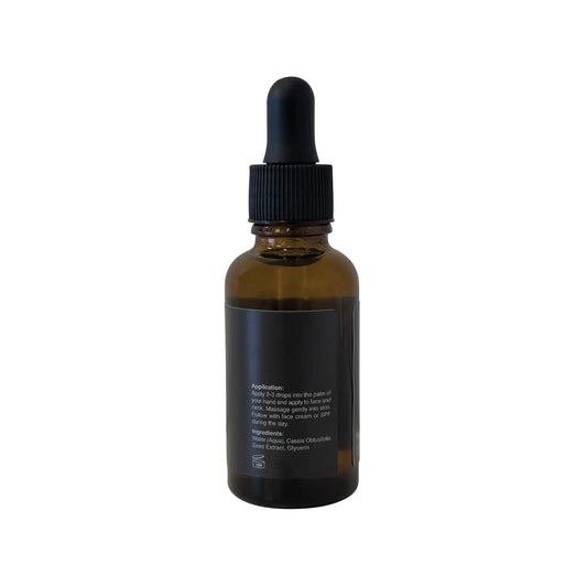 Hydration Serum bottle with dropper lid, featuring glycerin and cassia obtusifolia seed extract for moisture and antioxidant protection.