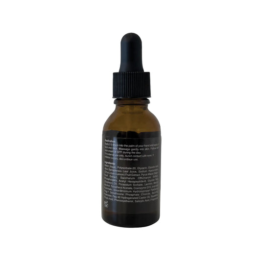 Brown glass bottle of Glycolic Acid Serum with black dropper, 1 fl. oz., for exfoliation and hydration.
