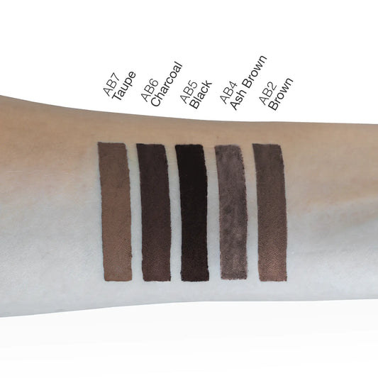 Swatches of automatic eyebrow pencil shades on skin, showcasing taupe, charcoal, black, ash brown, and brown colors for best eyebrow pencil.