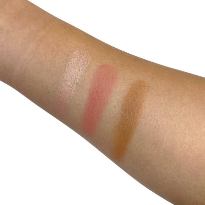 Pro Cheek Palette swatches on arm showcasing shimmering highlight, sun-kissed peach, and powdered brown shades.
