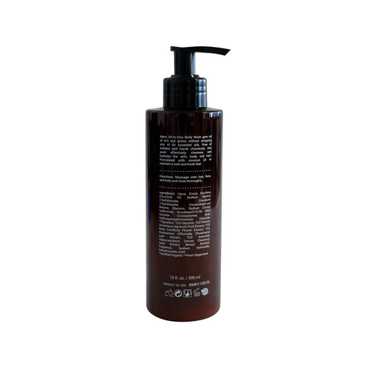 All-in-one Body Wash bottle with pump, 10 fl. oz / 300 mL, sulfate-free and vegan formula, featuring squalene for hydrating and cleansing skin.