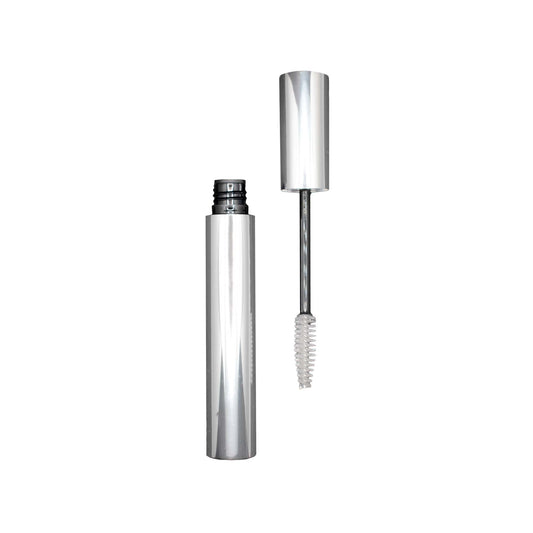 Clear eyebrow gel in sleek silver packaging with applicator brush.