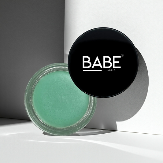 Babe Logic lip scrub in a jar with black lid, mint green scrub for moisturizing and exfoliating lips