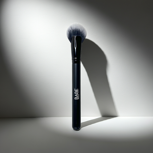 Cheek Fan Brush with synthetic hair and slightly fanned shape for soft contour and powder application