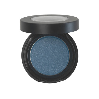 Talc-free single pan eyeshadow in blue shade in open compact packaging.